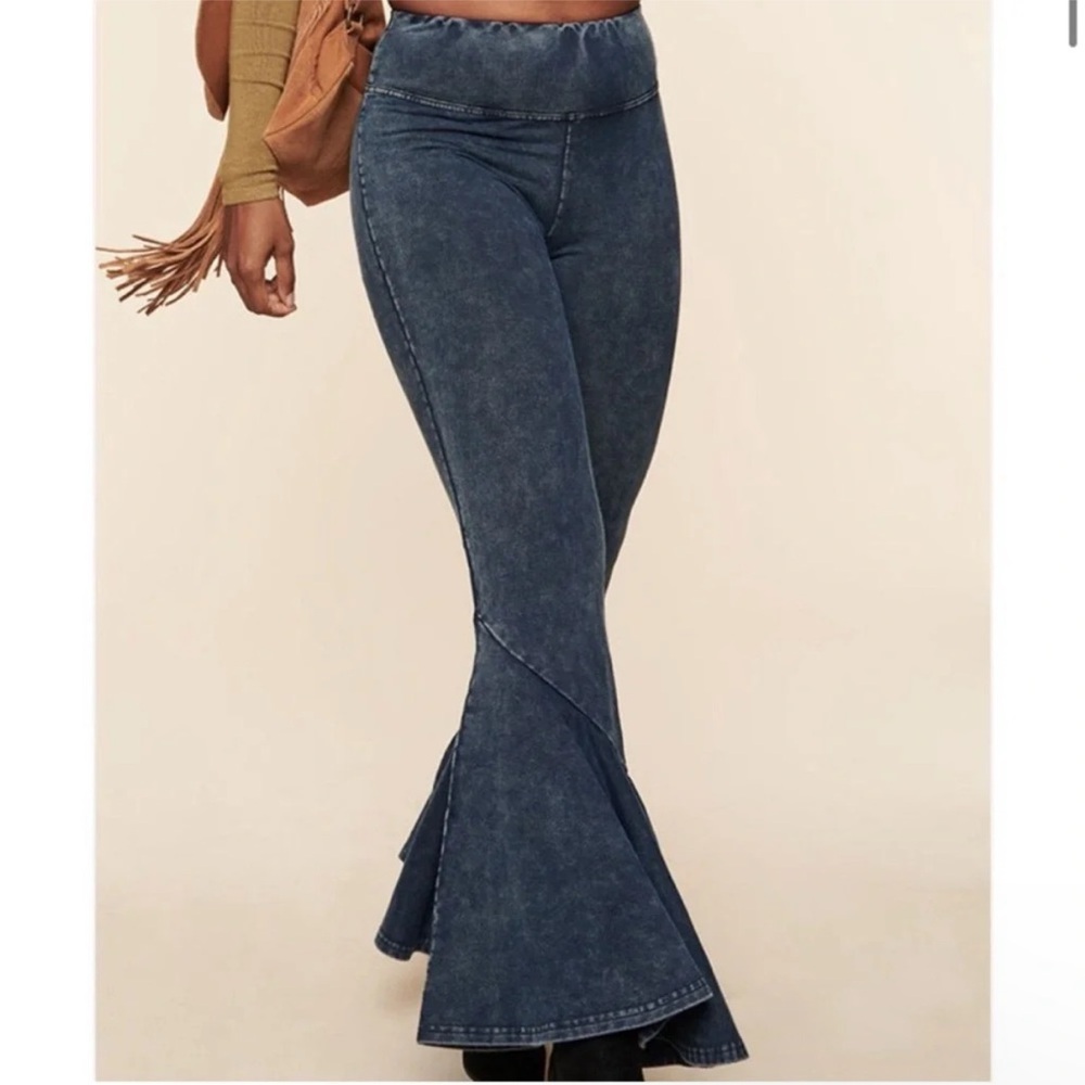 Earthbound Large Bell Bottoms Jean Pants Dark Wash Elastic Waist Boho 60s 70s